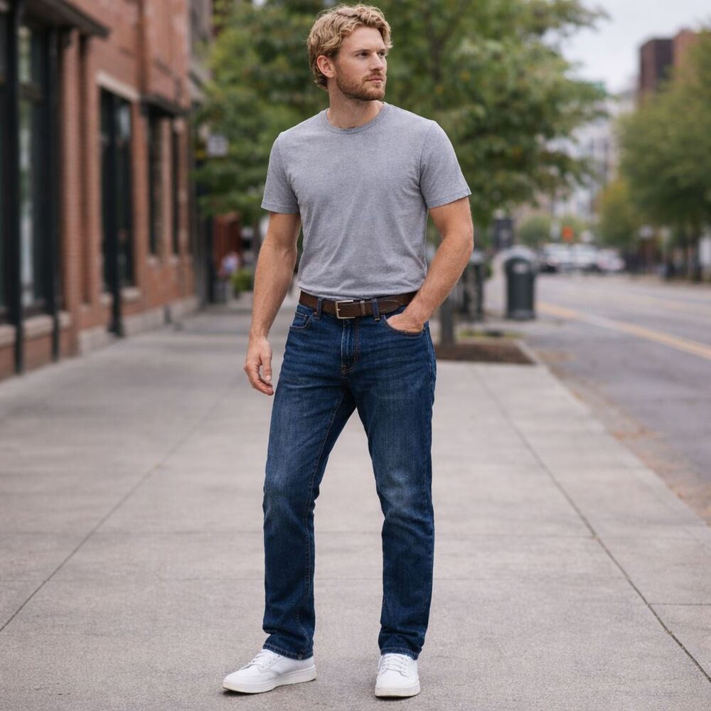 Stitches & Rivets Jeans Slim Fit Straight Leg Men 34x30 Blue Denim Faded Stretch
